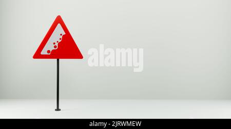 Straßenschild Falling Stones, 3D Zeichen isoliert auf weißem Hintergrund, Kopierraum. 3D Arbeit und 3D Illustration Stockfoto