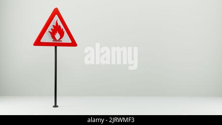Straßenschild Feuergefahr, 3D Zeichen isoliert auf weißem Hintergrund, Kopierplatz. 3D Arbeit und 3D Illustration Stockfoto