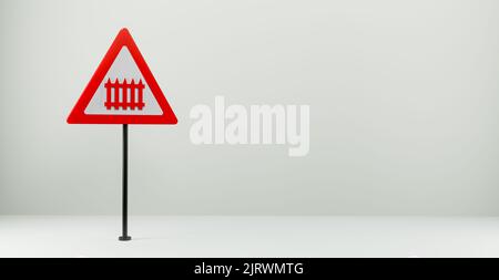 Straßenschild Bahnübergang mit Schranke, 3D Schild isoliert auf weißem Hintergrund, Kopierraum. 3D Arbeit und 3D Illustration Stockfoto