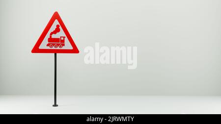 Straßenschild Bahnübergang ohne Tor oder Schranke voraus, 3D Schild isoliert auf weißem Hintergrund, Kopierraum. 3D Arbeit und 3D Illustration Stockfoto