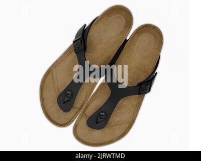 Paar Flip-Flop-Sandalen aus Leder von oben auf weißem Hintergrund, isoliert Stockfoto