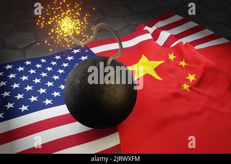 Gezündete Kanonenbombe auf den Fahnen der USA und Chinas. Illustration des Konflikts und der Spannungen zwischen diesen 2 Ländern Stockfoto