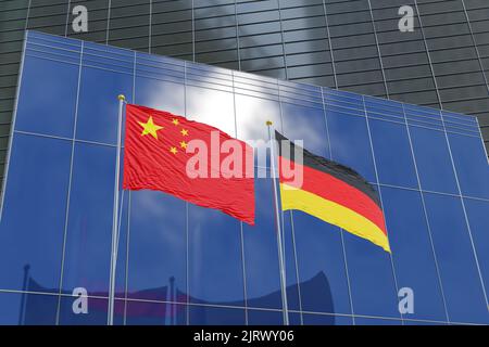 Flaggen Chinas und Deutschlands vor den Fassaden moderner Geschäftsgebäude. Darstellung der Partnerschaft, der Zusammenarbeit und der diplomatischen Beziehungen Stockfoto