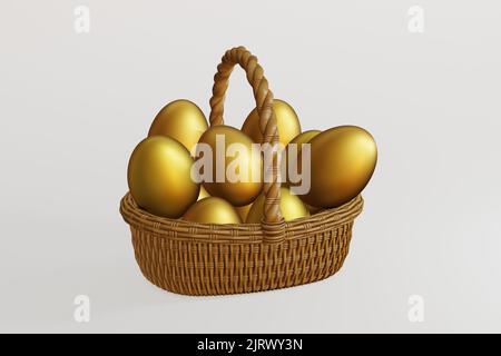 Alle goldenen Eier in einen Korb geben. Darstellung des Konzepts des Risikomanagements und der Vermögensverteilung Stockfoto