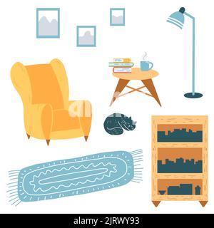 Gemütliche Wohnkollektion, Inneneinrichtung, skandinavischer Hygge-Stil. Sessel, Couchtisch, Bücherregal, Stehlampe, Teppich, Katze im Cartoon-Flat-Stil Stock Vektor
