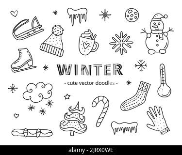 Set von niedlichen Doodle skizzieren Winter Symbole einschließlich Schlitten, Kappe, Eiszapfen, heiße Schokolade Tasse, Schneeflocken, Schneemann, Cookie, Thermometer, Handschuh, Socken, Candy c Stock Vektor