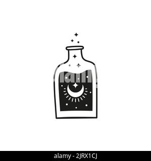 Handgezeichneter schwarzer Hexentrank in Glasflasche mit Halbmond, Starburst und isolierten Sternen auf weißem Hintergrund. Zauberelixier. Hexenkunst-Ikone. Wic Stock Vektor