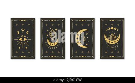 Schwarze magische okkulte Tarot-Karten mit Boho-Symbolen drittes Auge, Halbmond, Mondphasen und Kristalle isoliert auf weißem Hintergrund. Astrologie spirituelle poste Stock Vektor