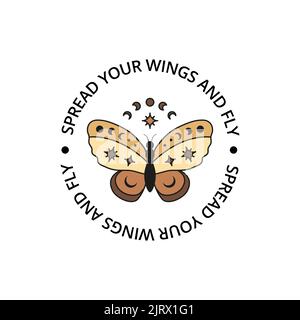 Poster mit handgezeichneter farbiger Himmelschmetterling mit Mondphasen, Sternen, Halbmond und Text spreizen Ihre Flügel und fliegen isoliert auf weißem Hintergrund. Stock Vektor