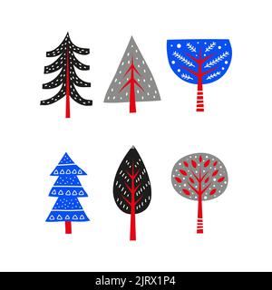 Set von Doodle Tanne, Kiefer, Wald Bäume in skandinavischen minimalistischen Stil isoliert auf weißem Hintergrund. Stock Vektor