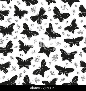 Schwarz-weißes, nahtloses Sommermuster mit Schmetterlingen und grünen Ästen. Saisonaler natürlicher Hintergrund. Stock Vektor