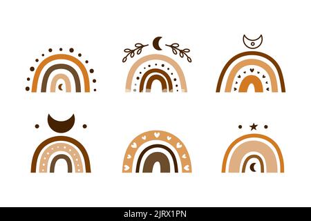 Set von handgezeichneten braunen himmlischen böhmischen Regenbögen mit Mondsicheln, Herzen, grünen Ästen isoliert auf weißem Hintergrund. Boho schicke Silhouetten. Stock Vektor