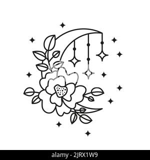 Böhmische Kontur floralen Halbmond mit Blume, Blattzweige, Sterne und Schmuck isoliert auf weißem Hintergrund. Witchy luna. Alchemie esoterische Magie Stock Vektor