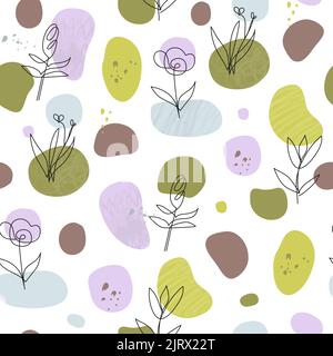 Modernes nahtloses Muster mit abstrakten Punkten, Punkten und einlinigen Blüten. Einfache trendige minimalistischen Hintergrund. Stock Vektor