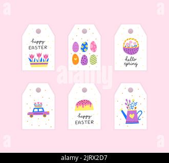 Geschenkanhänger mit bunten Doodle Ostern und Frühling Ikonen, Schriftzug auf rosa Hintergrund. Stock Vektor