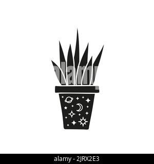 Schwarze Himmelspflanze im Topf mit Mond, Planeten und Sternen isoliert auf weißem Hintergrund. Inneneinrichtung im Boho-Stil. Minimalistische Hausblume. Stock Vektor