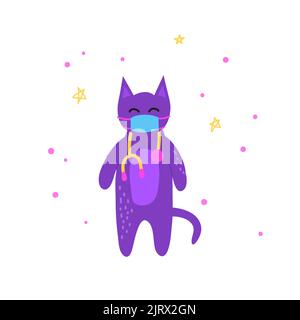 Niedliche Doodle violett Arzt Katze Charakter in medizinische Maske mit Stethoskop isoliert auf weißem Hintergrund. Stock Vektor