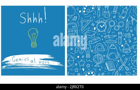 Satz von Doodle nahtlose Muster mit Schule Symbole auf blauem Hintergrund und von Hand gezeichnete Phrase. Vektorgrafik für Print-, Web- und Textildesign Stock Vektor