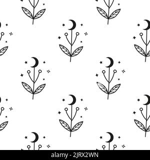 Schwarz-Weiß-Nahtloses Muster mit Himmelssonden-Blüten. Botanischer Hintergrund von Boho. Stock Vektor