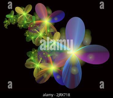 Schöne fraktale Blumenkunst. Computer-generierte 3D-Fraktal. Blume Spirale in heller Farbe. Abstrakter floraler Fraktal Hintergrund für Kunstprojekte. Stockfoto