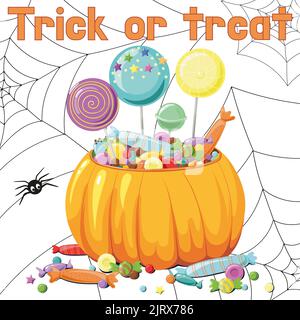 Helles halloween Poster mit Kürbis und Süßigkeiten, Vektor halloween Poster, Spaß für Kinder. Stock Vektor