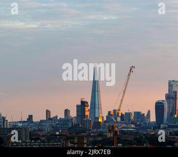 The Shard. Ein 72-stöckiger Wolkenkratzer im Southwark-Viertel, der im frühen Morgenlicht von Süden aus gesehen wird. Der Shard ist das höchste Gebäude der UNO Stockfoto