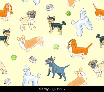 Hunde, Hunderassen, Pudel, Mops und yorkshire Terrier, nahtlose Vektor-Hintergrund, Muster. Tier, Haustiere, Basset und Hund, welsh Corgi und Miniaturbulle Stock Vektor