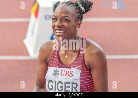 Lausanne, Schweiz. 08.. Juni 2022. Yasmin Ginger (SUI) gewinnt 400m Frauen beim Grand-Prix Athletissima Wanda Diamond League in Lausanne 2022. Der Grand-Prix Athletissima Wanda Diamond League in Lausanne 2022 fand in Lausanne, der olympischen Hauptstadt, statt. (Foto: Eric Dubost/Sipa USA) Quelle: SIPA USA/Alamy Live News Stockfoto