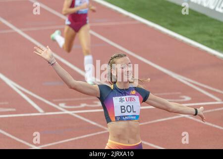 Lausanne, Schweiz. 08.. Juni 2022. Femke Bol, 400m Hürden (NED) gewinnt während des Grand-Prix Athletissima Wanda Diamond League in Lausanne 2022. Der Grand-Prix Athletissima Wanda Diamond League in Lausanne 2022 fand in Lausanne, der olympischen Hauptstadt, statt. (Foto: Eric Dubost/Sipa USA) Quelle: SIPA USA/Alamy Live News Stockfoto