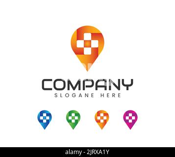 Cross plus Position Pin Medical Logo Icon Design. Care Point Health Company Logo Design Konzept Stock Vektor