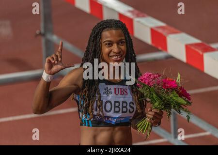 Lausanne, Schweiz. 08.. Juni 2022. Aleia Hobbs (USA) gewinnt die Frauen 100m während des Grand-Prix Athletissima Wanda Diamond League in Lausanne 2022. Der Grand-Prix Athletissima Wanda Diamond League in Lausanne 2022 fand in Lausanne, der olympischen Hauptstadt, statt. (Foto: Eric Dubost/Sipa USA) Quelle: SIPA USA/Alamy Live News Stockfoto