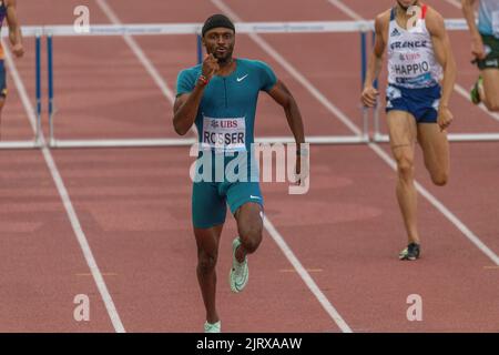 Lausanne, Schweiz. 08.. Juni 2022. Khal Lifah (USA) gewinnt den. 400m Hürden Männer beim Grand-Prix Athletissima Wanda Diamond League in Lausanne 2022. Der Grand-Prix Athletissima Wanda Diamond League in Lausanne 2022 fand in Lausanne, der olympischen Hauptstadt, statt. (Foto: Eric Dubost/Sipa USA) Quelle: SIPA USA/Alamy Live News Stockfoto