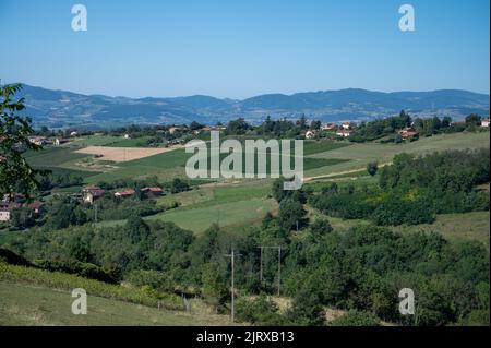 Landschaft mit Weinbergen und Häusern in der Nähe von beaujolais Weindorf Val d'Oingt, Tor zur Beaujolais Weinstraße und hügelige Landschaften des Pier Stockfoto