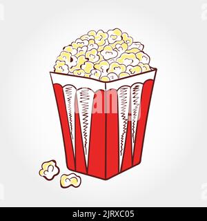 Doodle Popcorn in einer gestreiften Wanne. Vektorgrafik Stock Vektor