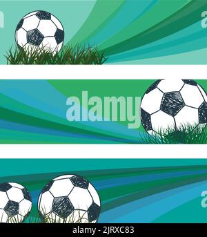 Set Fußballbanner mit Sketch Ball. Vektor Fußball Hintergründe in blauen und grünen Farben Stock Vektor
