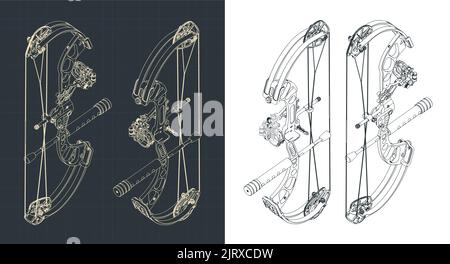 Stilisierte Vektorabbildungen isometrischer Blaupausen eines zusammengesetzten Jagdbogens Stock Vektor