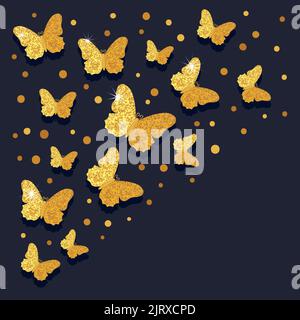 Feier Hintergrund mit glitzernden goldenen Schmetterlingen auf dunkel. Kann als Geburtstagskarte, Hochzeitseinladung, Grüße verwendet werden Stock Vektor