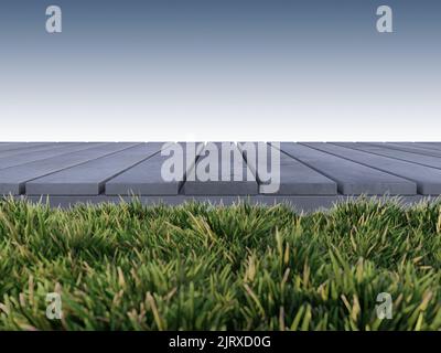 Mockup Hintergrund für 3D Rendering von alten rissigen Betonplatten, die Gräser als Vordergrund haben. Stockfoto