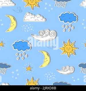 Wetterfest, nahtloses Muster. Cartoon Sonne, Mond, Stern, Wolken. Skizzieren Sie den Vektorhintergrund mit Wettersymbolen Stock Vektor