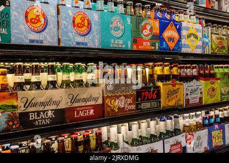 Eine Auswahl von sechs Packungen Bier in einem Lebensmittelgeschäft in New York am Mittwoch, den 24. August 2022. (© Richard B. Levine) Stockfoto