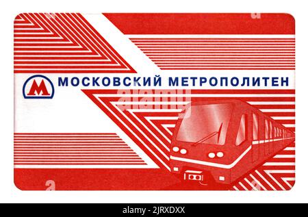 Moskauer U-Bahn (U-Bahn) Transport Ticket in Moskau, Russland, um 2011. Transportzug Dokument isoliert auf weißem Hintergrund Stockfoto