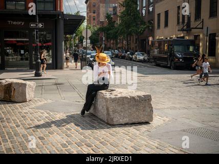 Abgelenkte Frau am Dienstag, den 23. August 2022, auf ihrem Smartphone auf dem Gansevoort Plaza im Meatpacking District in New York. (© Richard B. Levine) Stockfoto