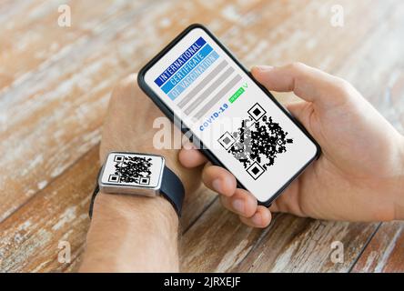 Hände mit virtuellem Immunitätspass auf dem Smartphone Stockfoto