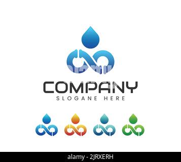 Logo-Design für unendlich-Klempnerarbeiten. Infinite Pipe, Sanitär mit Wassertropfen Logo Design Inspiration Stock Vektor