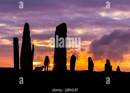 Orkney, Großbritannien. 26. August 2022. Eine Frau geht mit ihrem Hund, als die Sonne am Ring of Brodgar, Orkney, untergeht. Die 5.000 Jahre alten massiven Steine sind Teil des neolithischen Orkney-Weltkulturerbes. Kredit: Peter Lopeman/Alamy Live Nachrichten Stockfoto