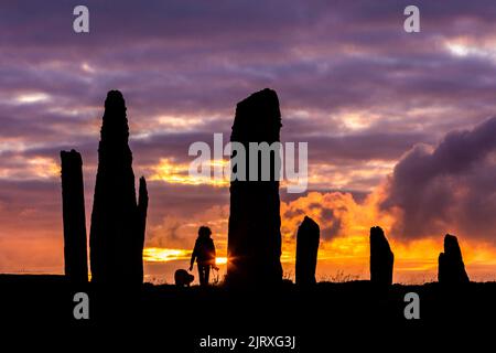 Orkney, Großbritannien. 26. August 2022. Eine Frau geht mit ihrem Hund, als die Sonne am Ring of Brodgar, Orkney, untergeht. Die 5.000 Jahre alten massiven Steine sind Teil des neolithischen Orkney-Weltkulturerbes. Kredit: Peter Lopeman/Alamy Live Nachrichten Stockfoto