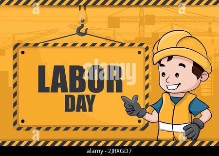 Industrial Labor Day Hintergrund mit Teleskopkran trägt ein Zeichen und Arbeiter in seiner persönlichen Schutzausrüstung Stock Vektor