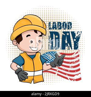 Vintage Happy Labor Day Karte mit us-Flagge mit Catoon Arbeiter mit seinem Schutzhelm Stock Vektor