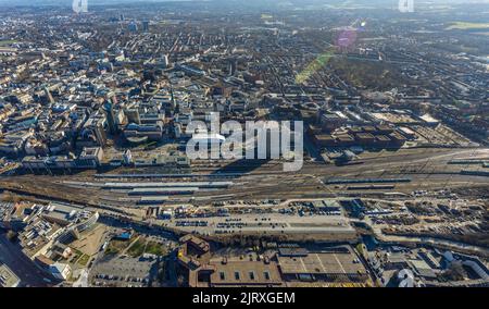 Luftaufnahme, Hauptbahnhof Dortmund mit Baustellenbahnsteigerneuerung, Stadt, Dortmund, Ruhrgebiet, Nordrhein-Westfalen, Deutschland, Bahngleise Stockfoto