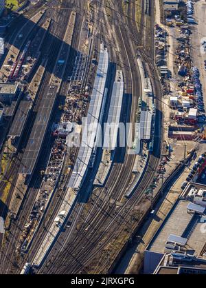 Luftaufnahme, Hauptbahnhof Dortmund mit Baustellenbahnsteigerneuerung, Stadt, Dortmund, Ruhrgebiet, Nordrhein-Westfalen, Deutschland, Bahngleise Stockfoto